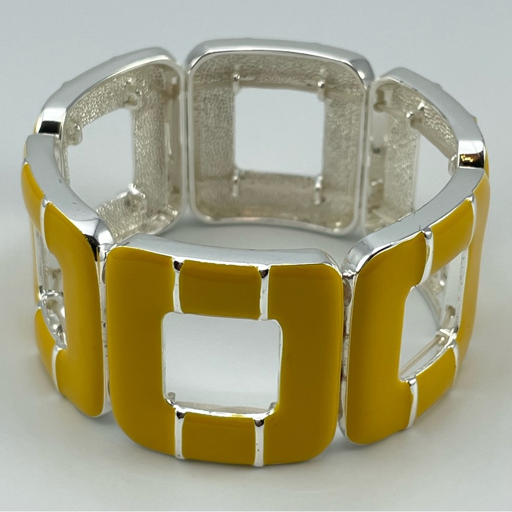 Retro Style Yellow Enamel Open Square Stretch Bracelet – Silver Tone